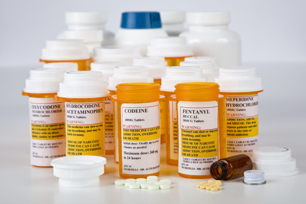 Image of prescription opioid drugs in pill bottles.