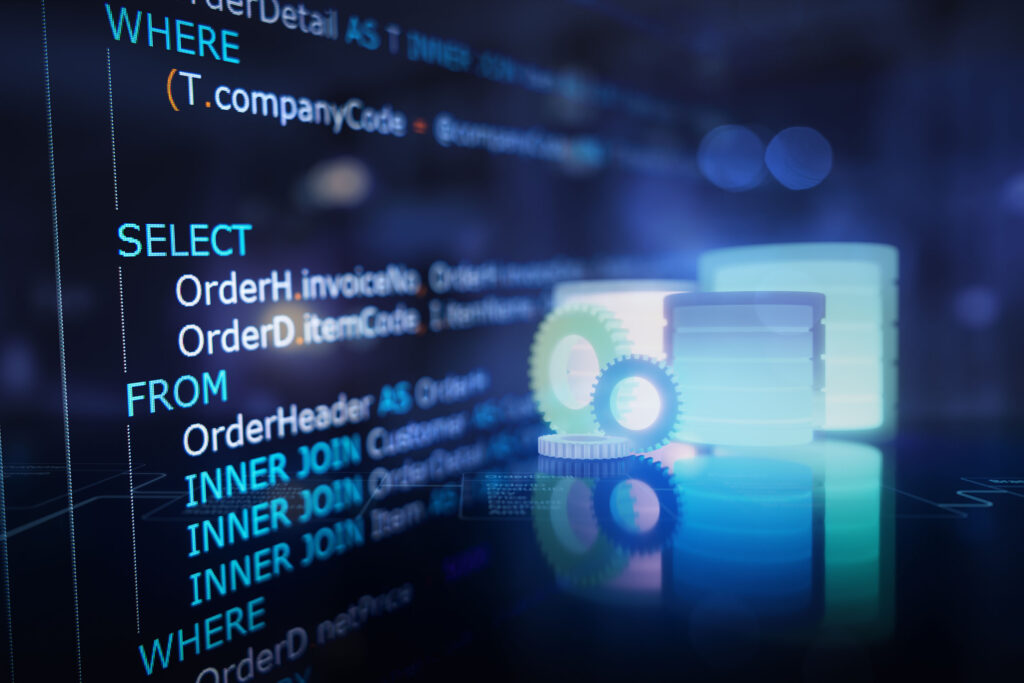 Developer or programmer's text editor showing SQL (Structured Query Language) code on computer monitor with database and server room background. Example of SQL code to query data from a database.