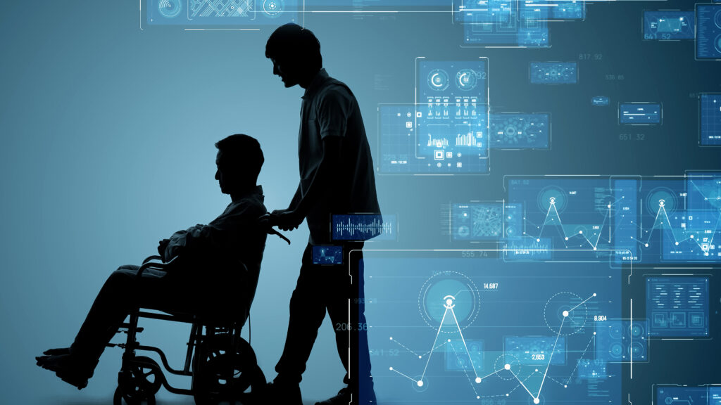 A long-term care worker pushes a client in a wheelchair.